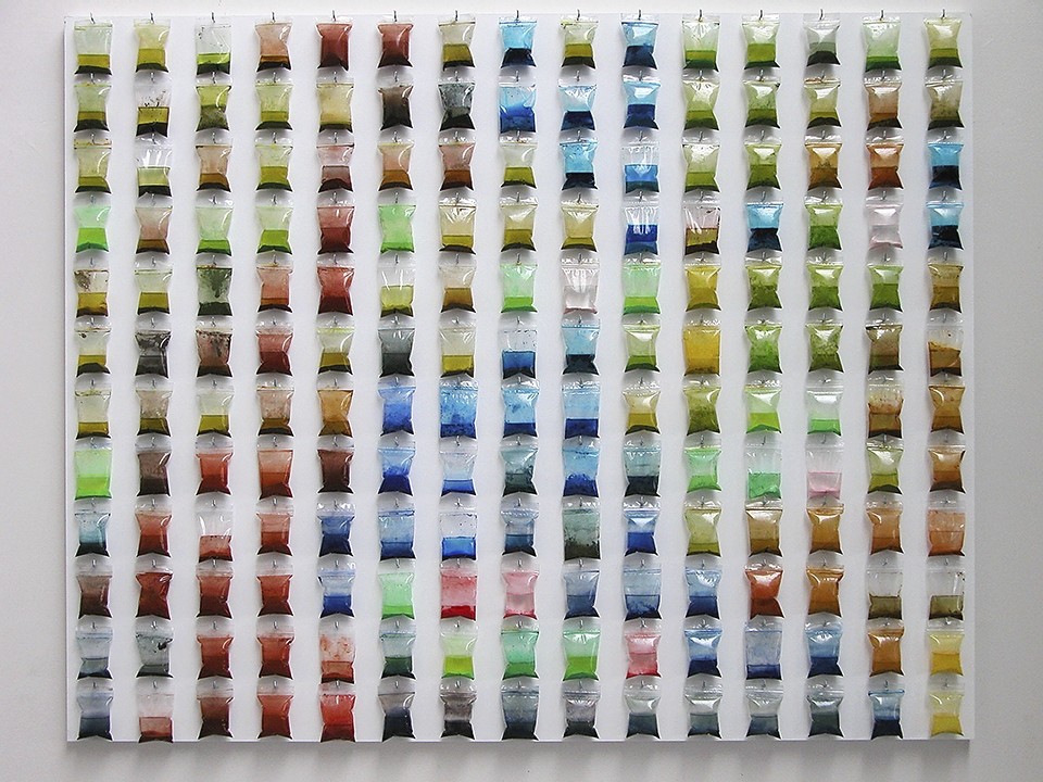 Nymphéas Décompostés-I, 2000, 150 x 120 cm, Bois, sachets plastiques, pigments, eau déminéralisée