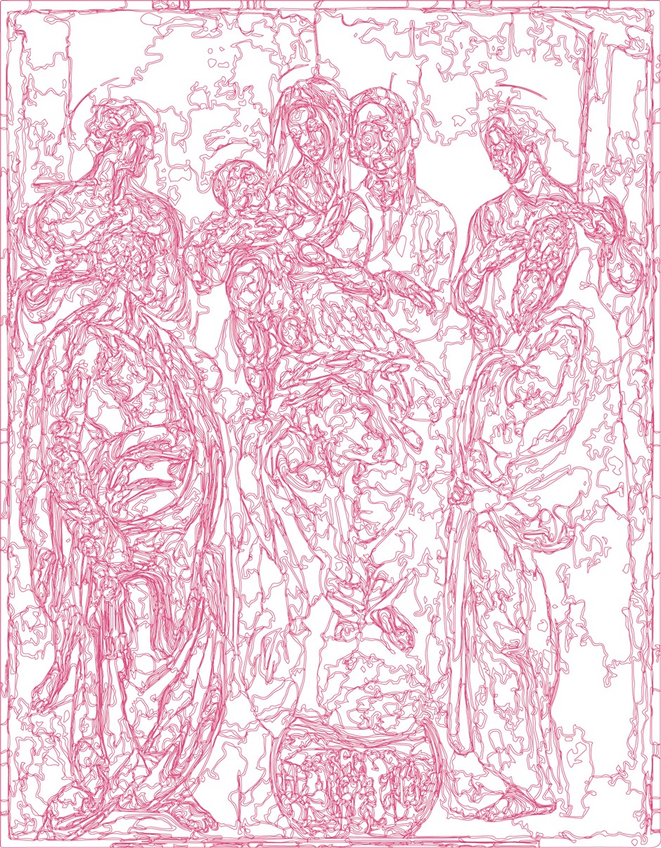 (XVI-JPontormo)/Rose, 06-08-2024.1, 70 x 90 cm, traceur numérique sur papier, stylo bille