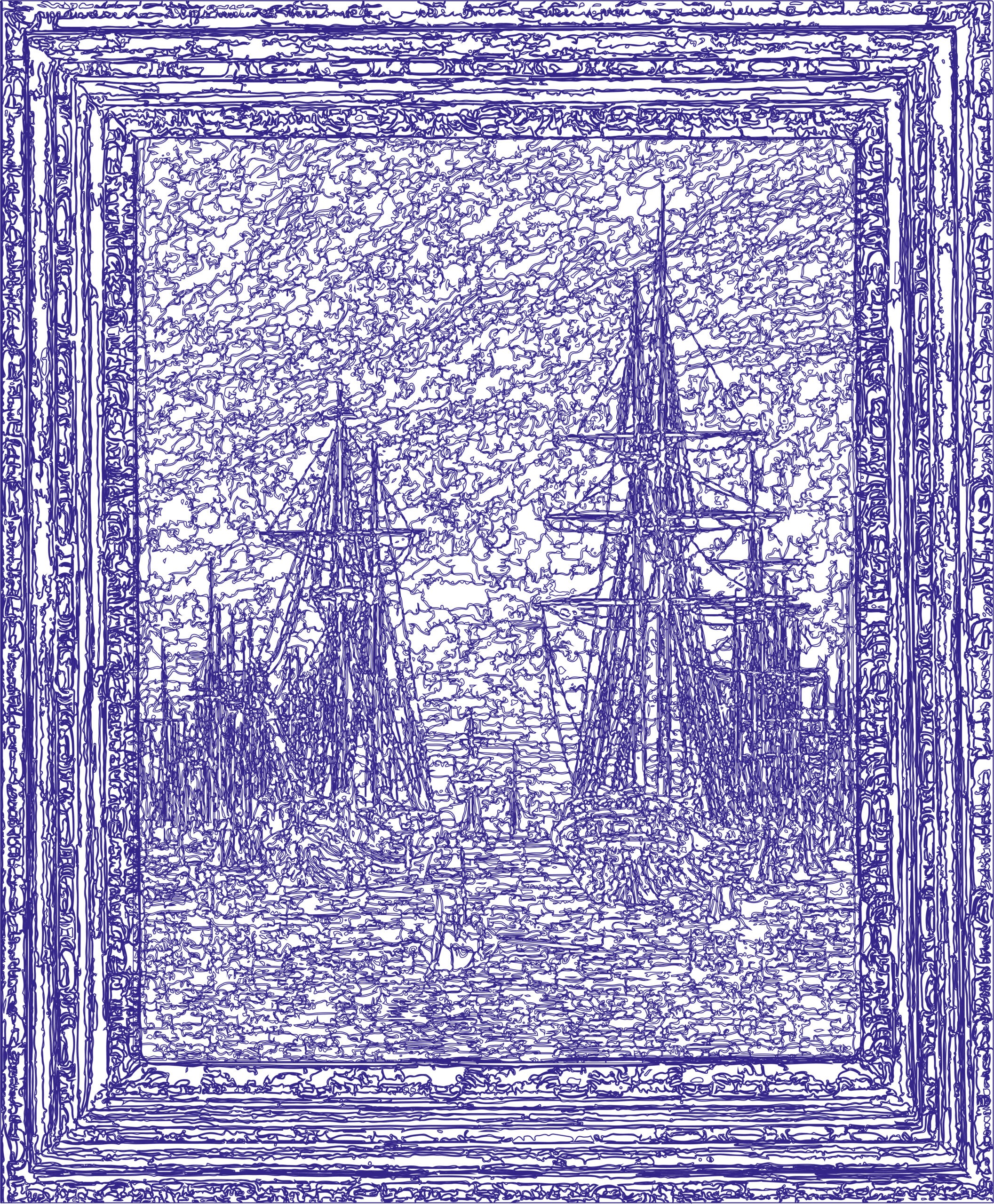 (XVIII-CDFriedrich)/Bleu, 09-01-2024.5, 80 x 70 cm, traceur numérique sur papier, stylo bille