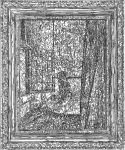 (XVII-JVermeer)/Noir, 19-03-2024.5, 70 x 80 cm, traceur numérique sur papier, stylo bille