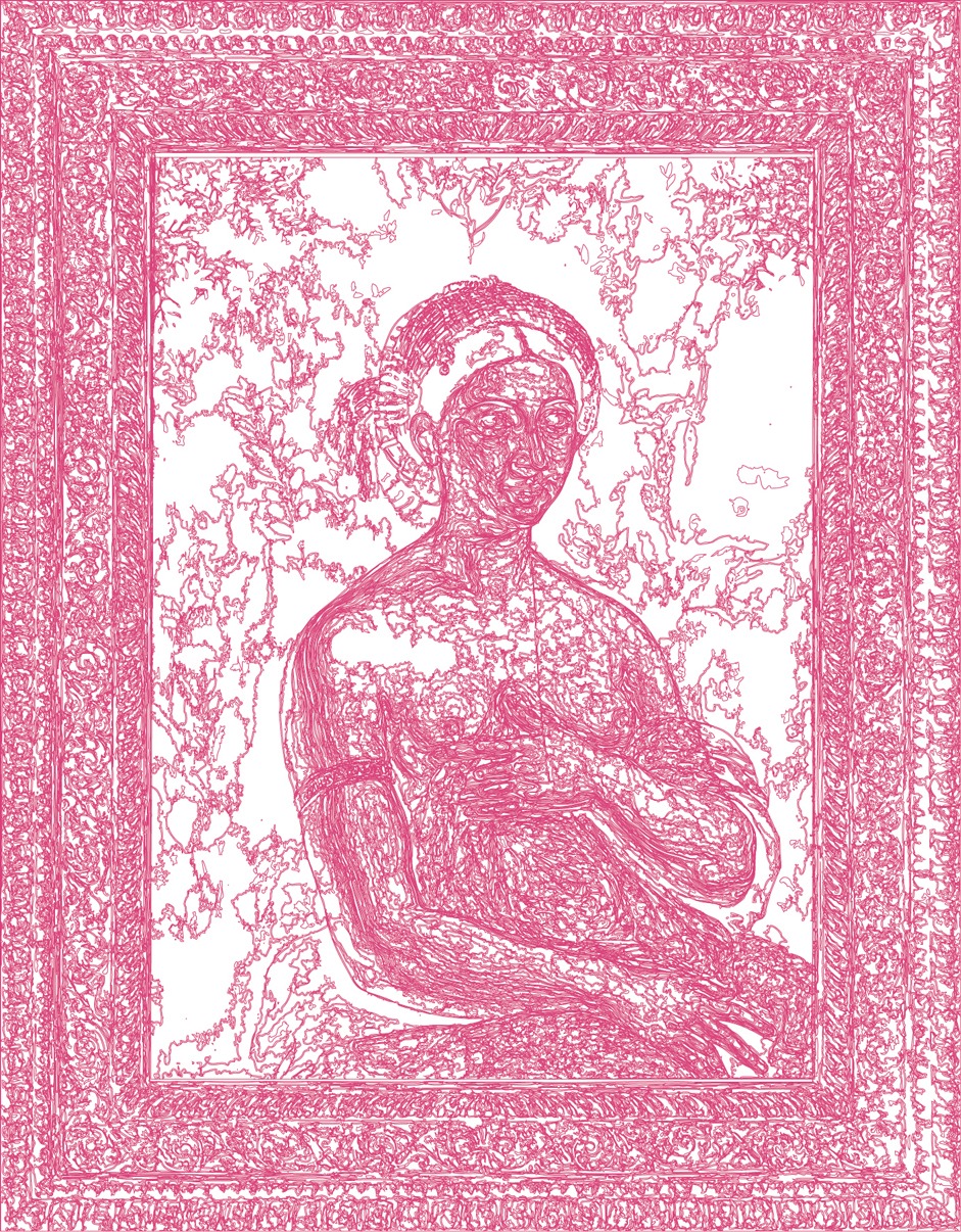 (XVI-Raphaël)/Rose | 24-04-2025.0, 70 x 80 cm, traceur numérique sur papier, stylo bille