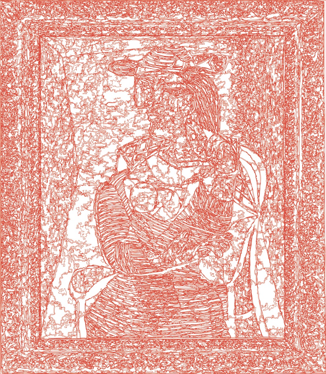 (XX-PPicasso)/Rouge, 28-02-2025.5, 70 x 80 cm, traceur numérique sur papier, stylo bille