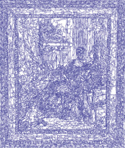 (XVIII-FBoucher)/Bleu, 29-04-2025.8, 70 x 80 cm, traceur numérique sur papier, stylo bille