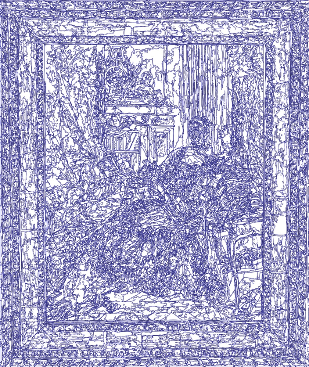 (XVIII-FBoucher)/Bleu, 29-04-2025.8, 70 x 80 cm, traceur numérique sur papier, stylo bille