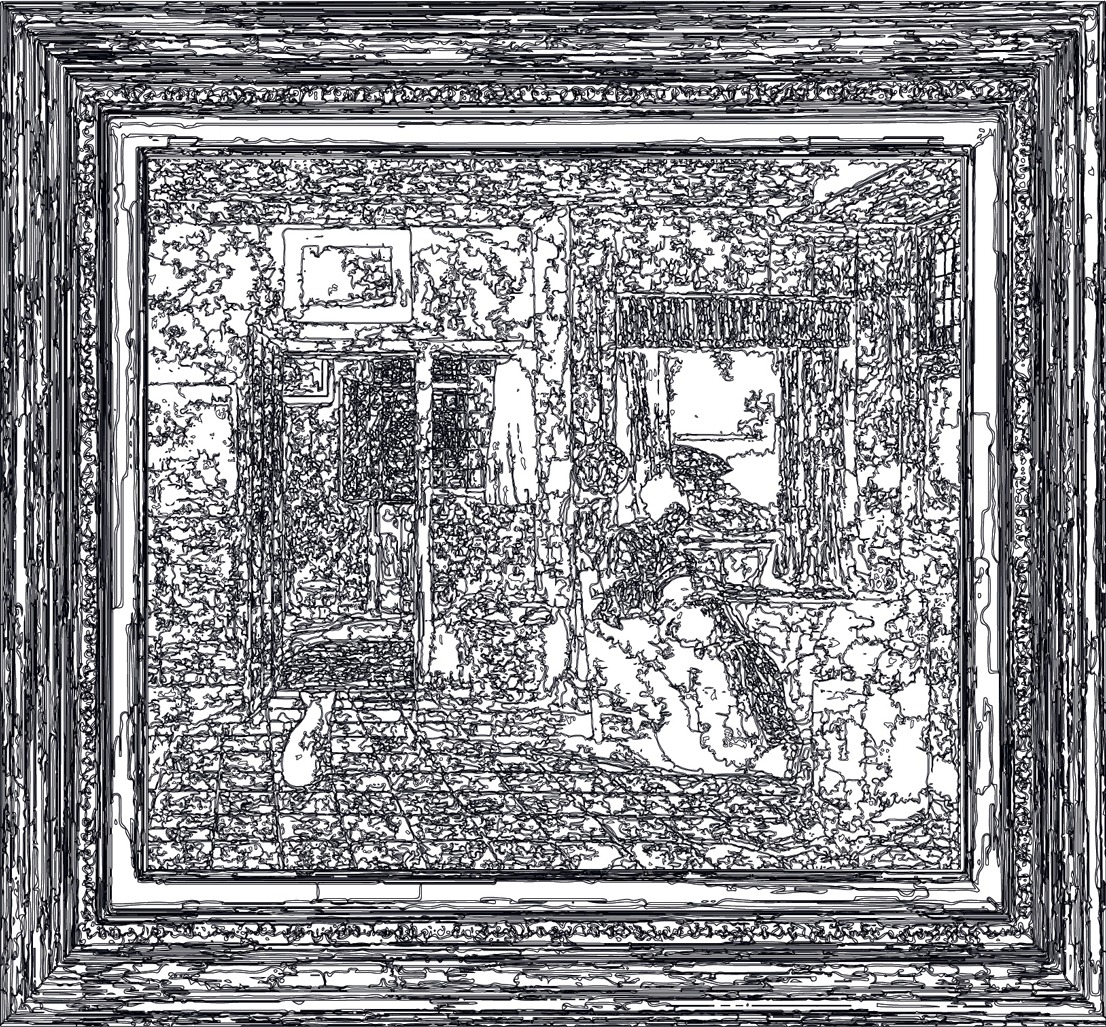 (XVII-PDHooch)/Noir, 15-08-2024.2, 70 x 80 cm, traceur numérique sur papier, stylo bille